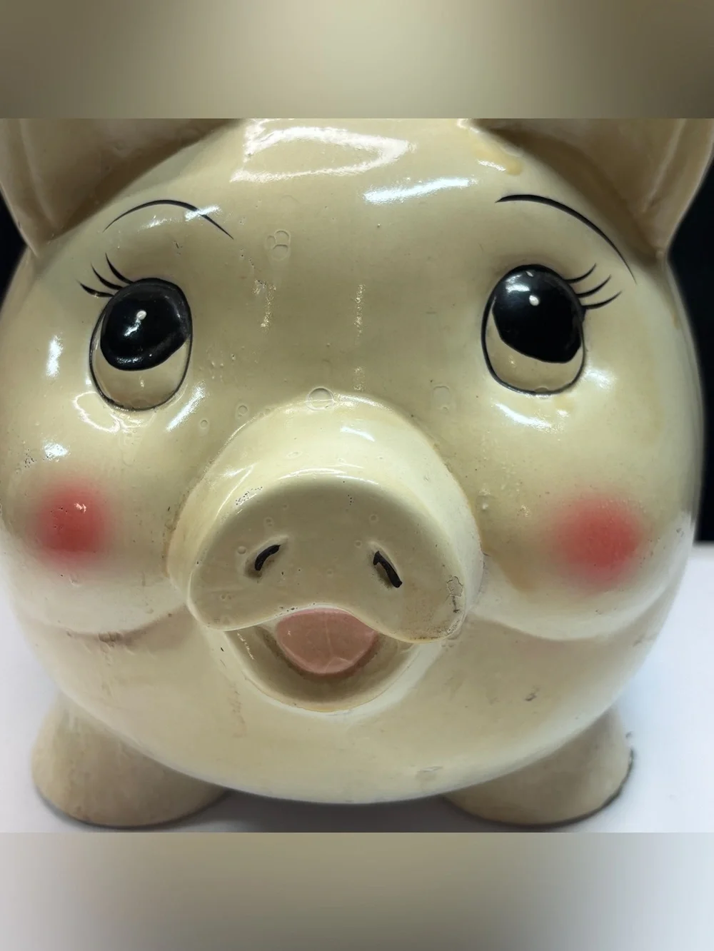 Vtg Ceramic Pottery Pig Piggy Bank  1940s 50s Large Blue Bow Grandma Country